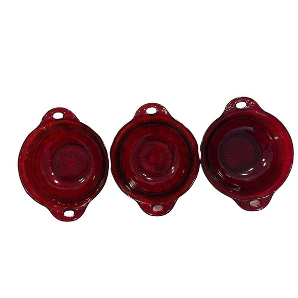 Vintage Anchor Hocking Coronation Ruby Red Handled Berry Dessert Bowls set of 3 - Picture 2 of 6